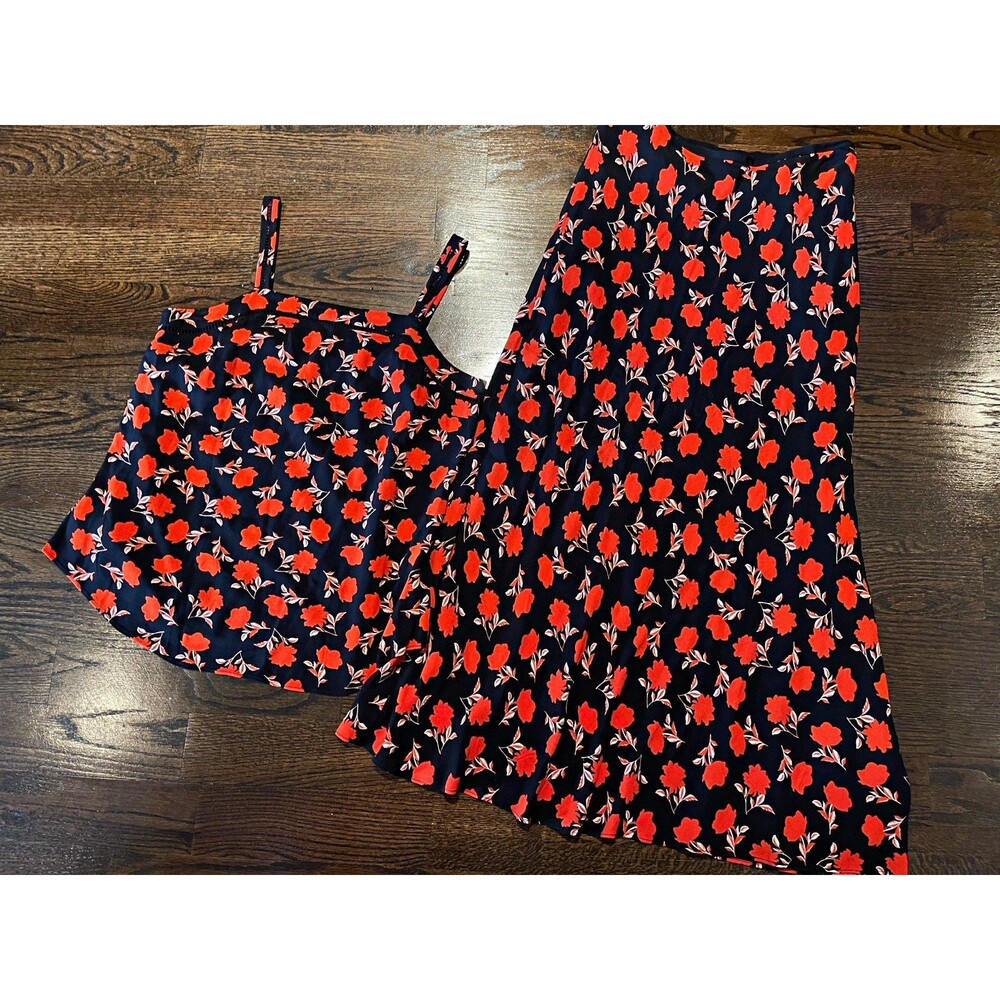 Ann Taylor Floral 2-Piece Outfit Set M Black/Orange Woven Tank & Skirt Zip